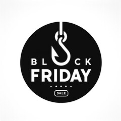 black and white image of a circular logo for a Black Friday sale with a hook in the center, illustration