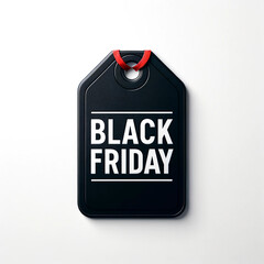 a Black Friday sale tag with a red ribbon on a white background