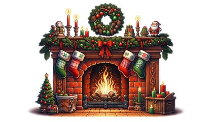 christmas fireplace with stockings hung, a wreath, holly, ribbons, and ornaments decorating the hearth