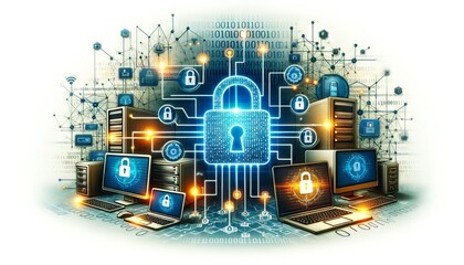 cybersecurity image with digital computer technology and locks to signify encryption and antimalware efforts