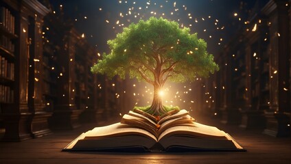 A book laid open, with a tree sprouting from its pages
