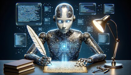 An artificial intelligence robot writer creating generative AI writing - obrazy, fototapety, plakaty