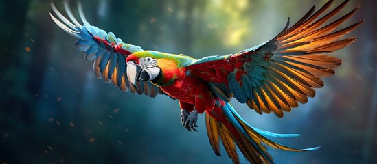 The fantastic illustration captures the majestic flight of a macaw in the animal kingdom showcasing a stunning bird in motion The wildlife depiction presents a mesmerizing picture resemblin - obrazy, fototapety, plakaty