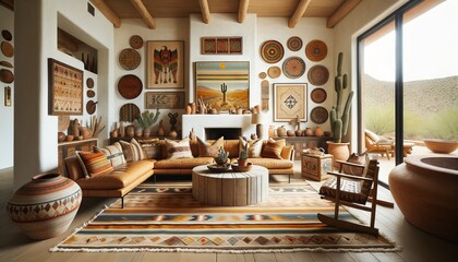 photograph of a southwestern desert style living room den interior design
