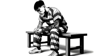 A prison inmate - adult male wearing prison stripes in jail