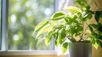Fototapeta na wymiar House plants on a windowsill in sunlight