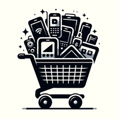 black and white illustration of a shopping cart filled with various electronic devices and gadgets such as a phone, laptop, camera, tablet, and computer, symbolizing the modern consumer’s technology