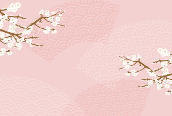 白梅と青海波の桃色背景イラスト