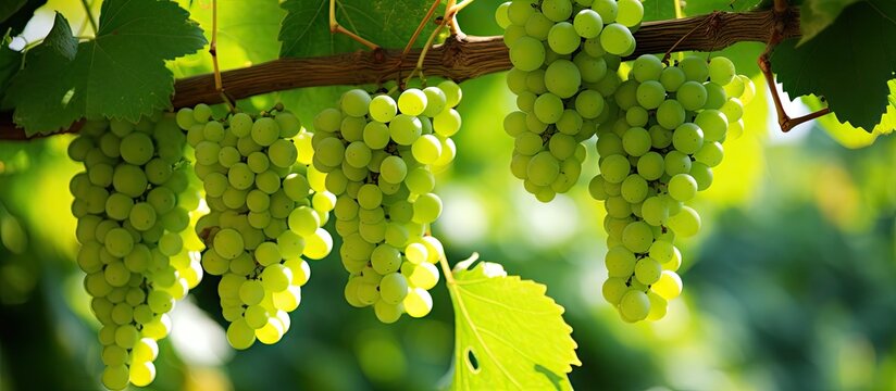 The garden is adorned with branches bearing luscious green grape fruits