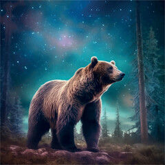 Obraz premium Illustration of bear walking through the forest with the lights above in the sky glowing bright with stars in the sky