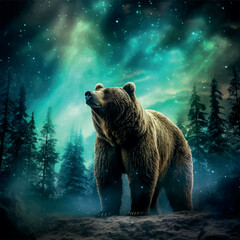 Illustration of bear walking through the forest with the lights above in the sky glowing bright with stars in the sky