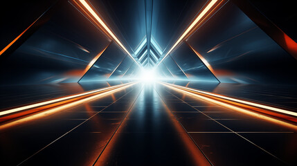 Abstract futuristic technology background with orange neon lines on black background. 3D illustration.
