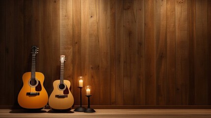 acoustic guitar on wooden background, Panoramic view of a warm wood background with brown acoustic panels, inviting and rustic, interior design