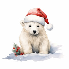  cute polar bear wear Santa hat playing with in the snow