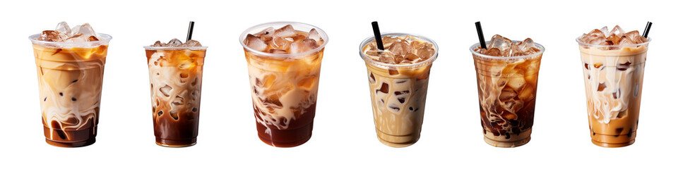 Collection of iced coffee in plastic takeaway glass isolated on a transparent background - obrazy, fototapety, plakaty