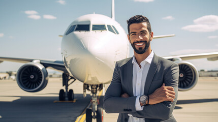 Airport business man near by plane. Young male professional hip businessman boarding jet airplane going flying on business trip. Formal male wearing suit.