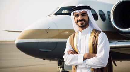 Airport business man near by plane. Young arabian male professional hip businessman boarding jet airplane going flying on business trip. Formal male wearing suit.