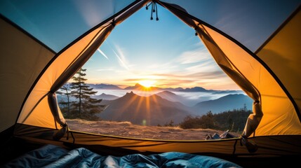 Breathtaking mountain landscape unfolds from tent revealing towering peaks and nature beauty at...