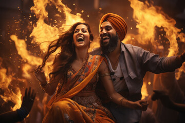Young indian punjabi couple dancing on traditional festival. - Powered by Adobe