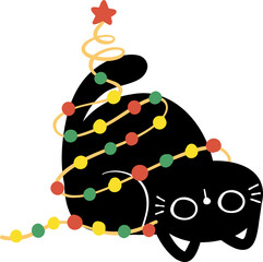 Christmas Black cat with lights cartoon illustration