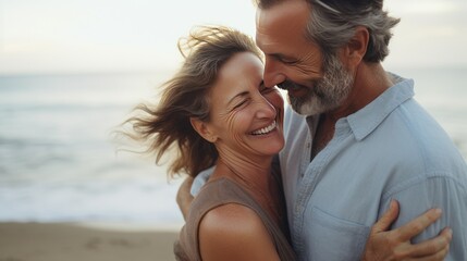 Middle-aged couple gazing into eyes sharing moment with connection enriched by countless shared experiences. Loving adult couple with love stronger over years nurtured by wonderful shared experience