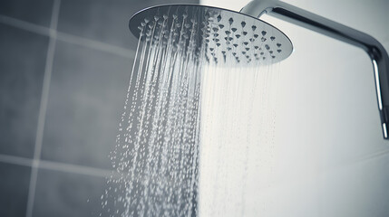 shower head in white bathroom with water drops flowing