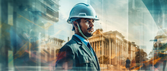 Double exposure: Engineer in uniform with cityscape