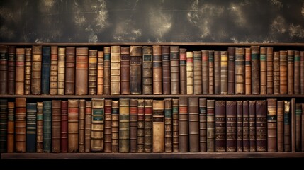 A wall full of Old ancient books of a library, holding many historical books and manuscripts. Wide format. Hand edited, generative Ai