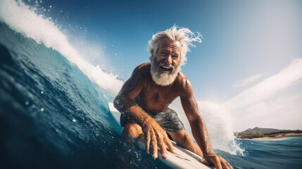 Beach, water and old man surfer swimming on summer holiday vacation in retirement with freedom in ocean. Smile, ocean and senior surfing or body boarding enjoying a healthy exercise on sea.