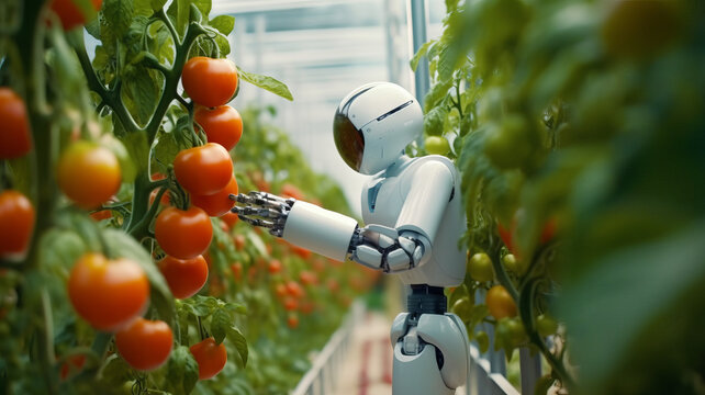 Digital robots tending to greenhouse tomatoes.