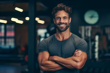 Crédence de cuisine en verre imprimé Fitness Muscular man posing in gym backdrop