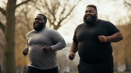 Mature black men running through a city park. Supporting a friend and training together to achieve a goal. Concept of keeping fit and burning fat.