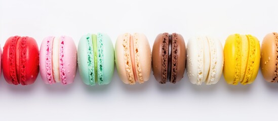 Top down perspective of a delightful assortment of vibrant French macaroon cookies