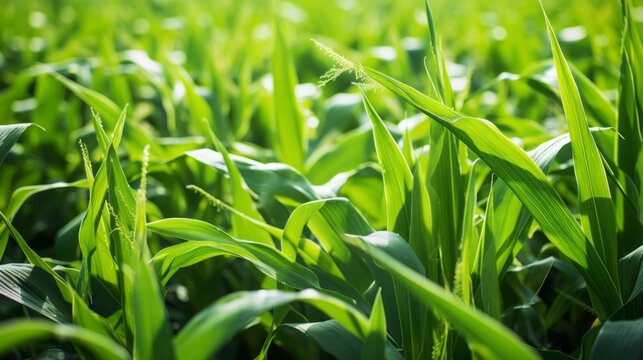 Generative AI image of a Close up of a field of vibrant green biofuel crops, such as corn or sugarcane, used for sustainable energy production