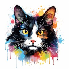 Generative AI image of a black and white taby cat head in a painted style with colored paint splatters, rainbow colors on a white background