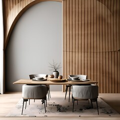 room interior Simplistic Interior Design for a Modern Dining Room with an Arched Abstract Wood Paneled Wall