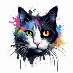 Generative AI image of a black and white taby cat head in a painted style with colored paint splatters, rainbow colors on a white background