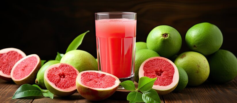 Top view of a wooden table with a glass of guava juice and fresh guava fruit representing a concept of a healthy drink