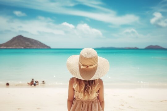 Generative AI image of a Back view children in summer dress and hat standing on beautiful sandy beach. Cute girl enjoy her tropical sea on relax holiday vacation during summer time and sunshine day