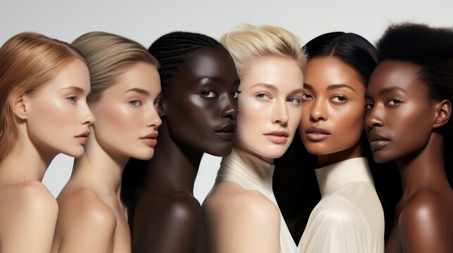 Generative AI image of a banner for advertising from light to dark skin color, five women, diversity, ethnicity