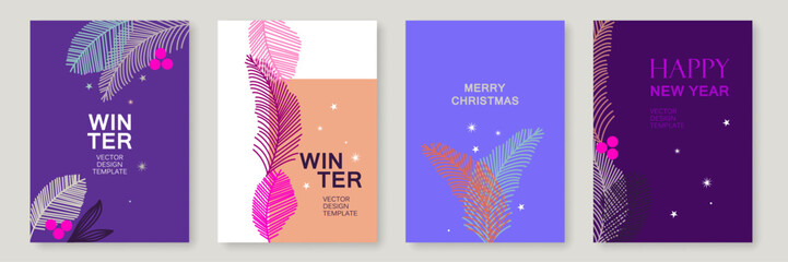 Winter Holiday Trendy Background Set with Christmas Tree Branches. Xmas Vector Templates Poster Design, Card, Banner, Flyer, Cover, Modern Brochure, Social Media, Winter Sale. - obrazy, fototapety, plakaty