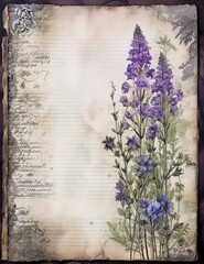 Generative AI image of a junk journal empty page, stamperia, beautiful forest herbs, purple and grey