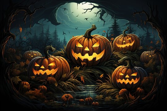Wooden Haunted house with pumpkins. Full moon. Spooky Old house in spooky dark forest. Haunted house in the night forest. Generative Ai.	
