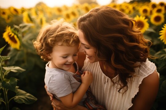 Generative AI image of a Mother and child in a sunflower field, sharing a loving moment, shot in natural light.