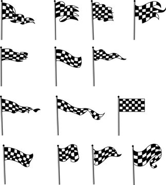  black and white checkered auto racing flags and finishing tape vector set