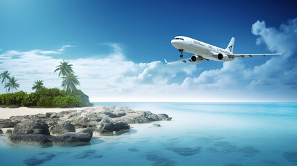 airplane flying above tropical beach 