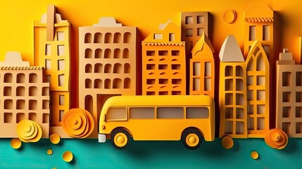 Back to School Concept Paper cut Design with school bus and urban city