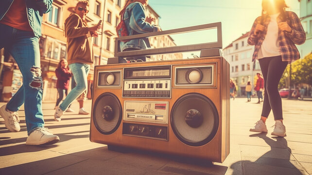 90s teens dance with boombox in the city.generative ai - Powered by Adobe