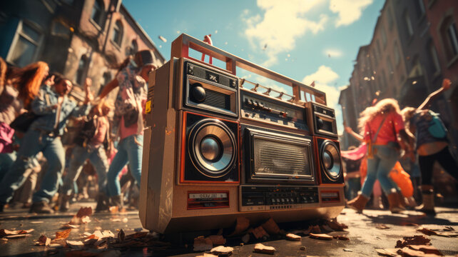 90s teens dance with boombox in the city.generative ai