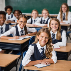 A diverse group of young students in a classroom, wearing uniforms, showcases the beauty of multicultural learning and educational diversity